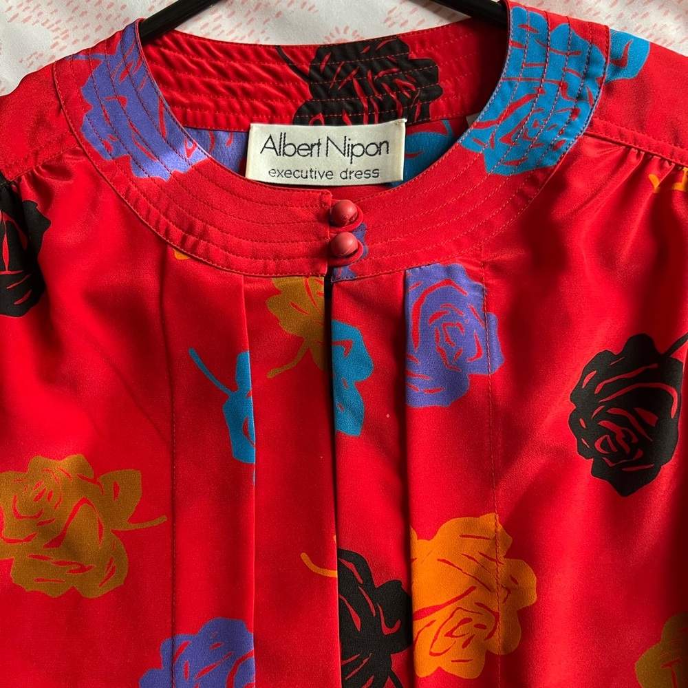 VINTAGE 1980s Albert Nipon Red Dress with Multicolor Floral Pattern Size 4 Korea - Picture 5 of 13